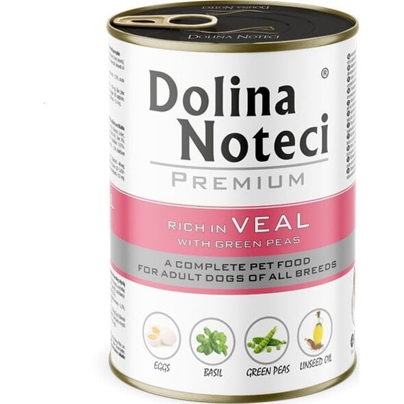 Mokra karma dla psa Dolina Noteci Premium bogata w cielęcinę z zielonym groszkiem puszka 400 g
