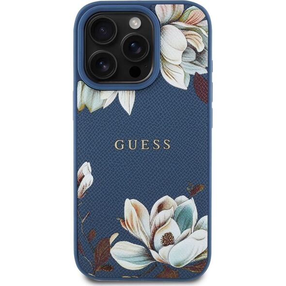 Etui Guess Grained Printed Flower         Pattern MagSafe do iPhone 16 Pro niebieski