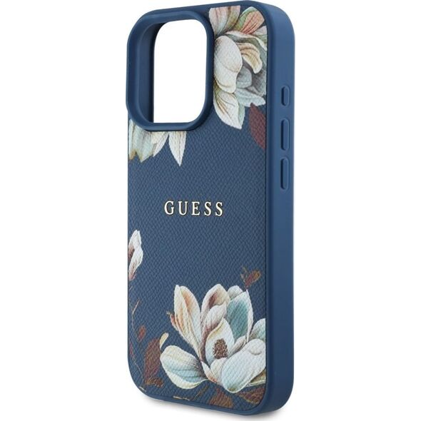 Etui Guess Grained Printed Flower         Pattern MagSafe do iPhone 16 Pro niebieski