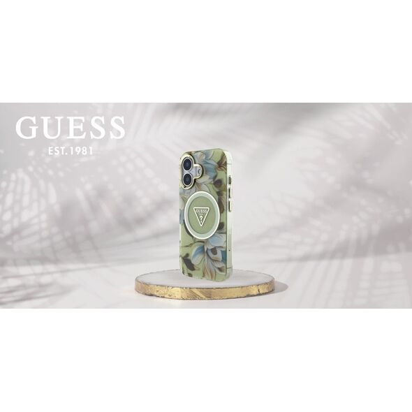 Etui Guess Glitter Flowers Triangle       Buttons MagSafe do iPhone 16 zielony