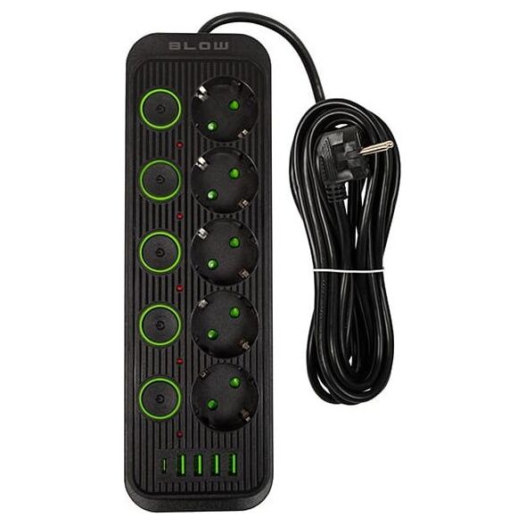 Blow Przedłużacz sieciowy PS-550S 5-Gniazd 4xUSB 1xUSB-C 5m czarny 2x1mm