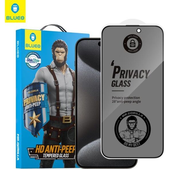 Blueo Szkło Hartowane 5D Mr. Monkey Glass - Apple iPhone 16 Pro Max czarny (Strong Privacy)