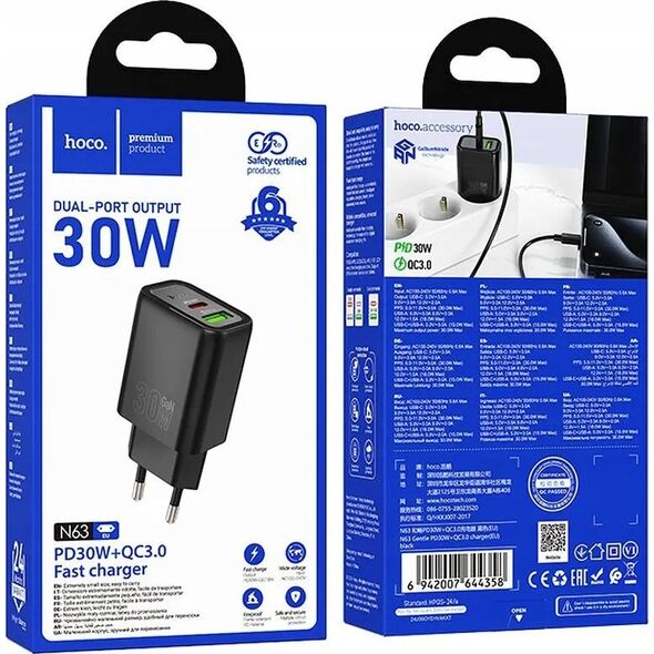 HOCO ładowarka sieciowa USB A + Typ C PD QC3.0 3A 30W N63 czarna