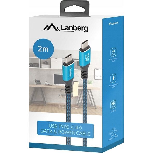 KABEL USB-C M/M USB4 2M 240W 8K 60HZ CZARNO-NIEBIESKI LANBERG