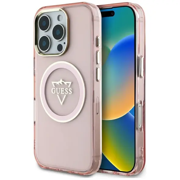 Guess IML Metal Mountain Logo MagSafe Apple iPhone 16 Pro pink