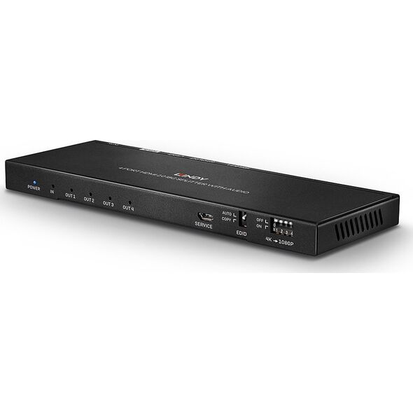 Lindy Lindy 38231 Rozdzielacz (przejściówka, spiltter) HDMI 4K UHD 4-portowy z audio, portem optycznym i analogowym