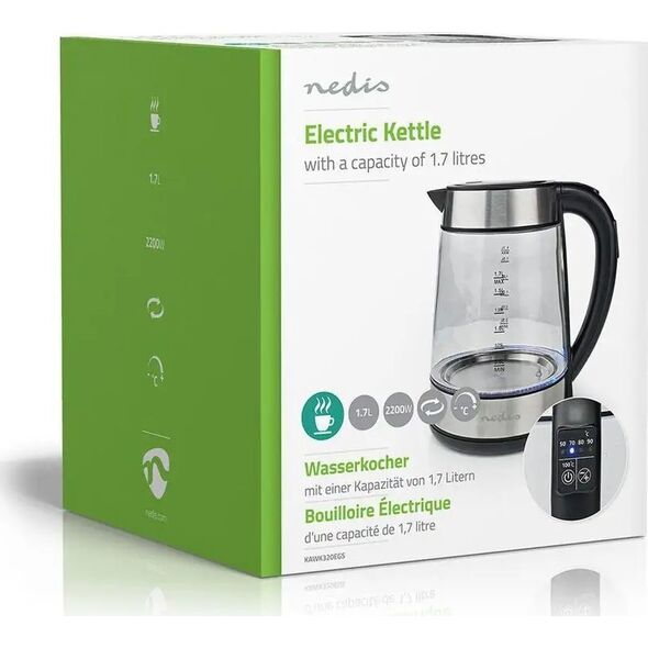 Nedis Nedis KAWK320EGS czajnik elektryczny 1,7 l 2200 W Stal nierdzewna, Przezroczysty
