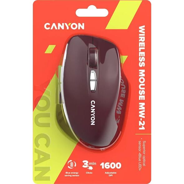 Ασύρματο ποντίκι Canyon CANYON MW-21, 2.4 GHz, με 7 κουμπιά, DPI 800/1200/1600, Μπαταρία: AAA*2 τεμ, Μπορντό Κόκκινο, 72*117*41mm, 0.075kg