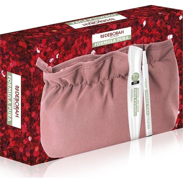Σετ Deborah: Formula Pura, Volumizing, Μάσκαρα, Μαύρο, 12 ml + Formula Pura, Gel Pencil Eyeliner, Μαύρο, 1.5 g + Τσάντα Μακιγιάζ, Ροζ Για Γυναίκες