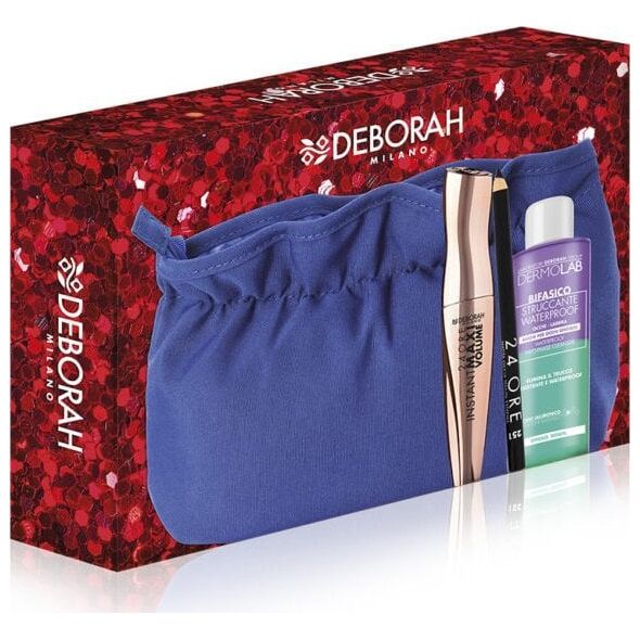 Σετ Deborah: 24 Ore Extra, Gel Pencil Eyeliner, Μαύρο, 1.5 g + Dermolab Bifasico, Υαλουρονικό Οξύ, Λοσιόν Αφαίρεσης Μακιγιάζ, 50 ml + Τσάντα Μακιγιάζ, Μπλε + Instant Maxi Volume, Ογκώδης, Μάσκαρα, Μαύρο, 11 ml Για Γυναίκες