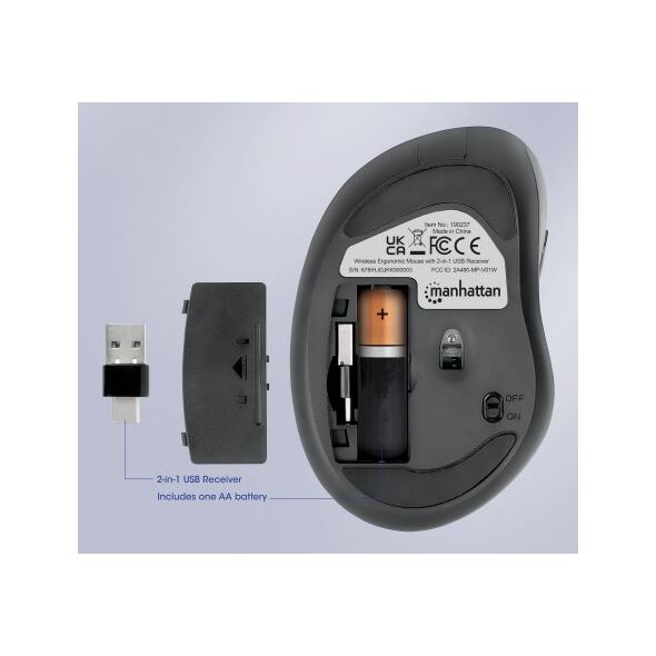 Mysz Manhattan MANHATTAN Ergonomische Funkmaus USB-A/C 6 Tasten + Mausrad