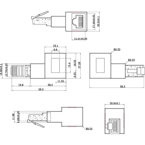 Eaton INLINE Patchkabel Adapter Cat.6A RJ45 Stecker Buchse 90 Grad nach rechts gewinkelt