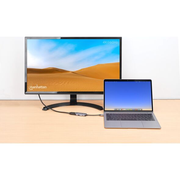 Adapter AV Manhattan MANHATTAN USB-C auf HDMI 3-in-1 Docking-Konverter USB 3.2 Typ-C-Stecker auf HDMI 4K60Hz USB-A 5 Gbit/s und USB-C Power Delivery 100W