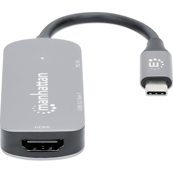 Adapter AV Manhattan MANHATTAN USB-C auf HDMI 3-in-1 Docking-Konverter USB 3.2 Typ-C-Stecker auf HDMI 4K60Hz USB-A 5 Gbit/s und USB-C Power Delivery 100W