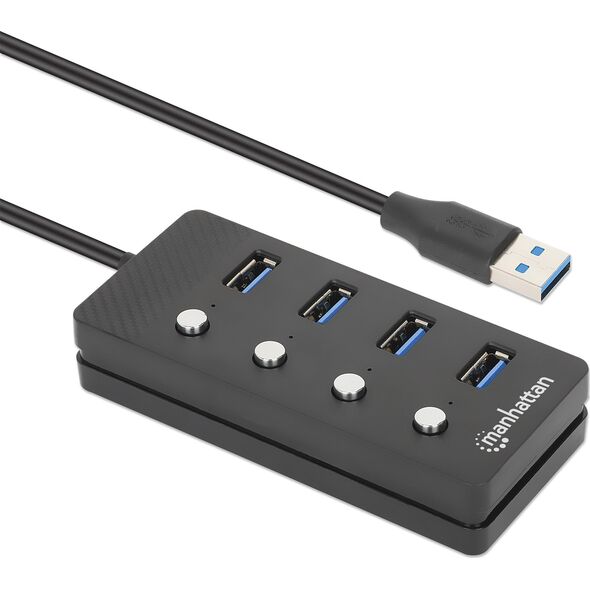HUB USB Manhattan MANHATTAN 4-Port USB 3.0 Hub USB-A-Stecker auf 4x USB-A-Buchsen 5 Gbit/s 1,5 m Kabel Schalter f�r jeden Port Strom �ber USB/Netzteil