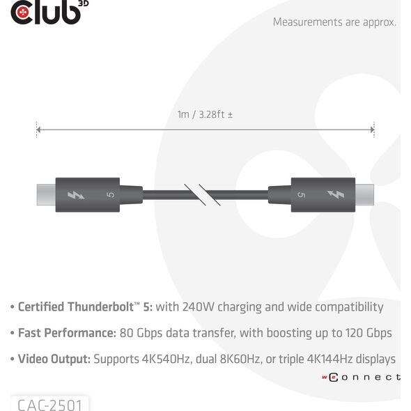 Club3D Kabel Thunderbolt 5, 80/120Gbps, Certifikovaný kabel, 1x 4K540Hz, 2x8K240Hz, PD 240W, 1m