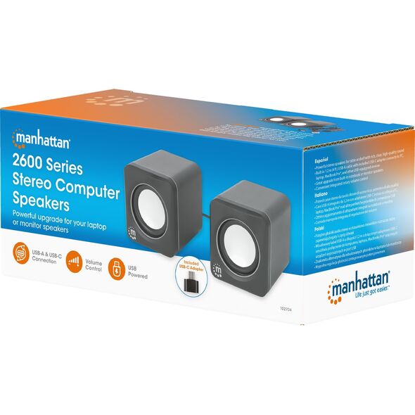 MANHATTAN Lautsprecher f�r PC und Laptop 2600 Series zwei verbundene Lautsprecher 1,4 m USB-Kabel USB-C/USB-A-Adapter schwarz/silber