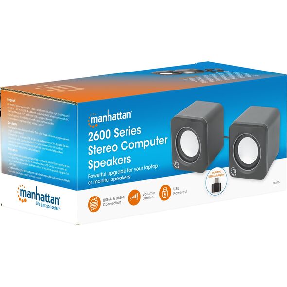 MANHATTAN Lautsprecher f�r PC und Laptop 2600 Series zwei verbundene Lautsprecher 1,4 m USB-Kabel USB-C/USB-A-Adapter schwarz/silber
