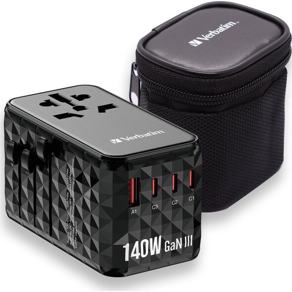 Adapter USB Verbatim Verbatim Adapter podróżny EU/UK/US GaN USB-A/3xUSB-C PD 140W UTA-10 czarny/black 32125
