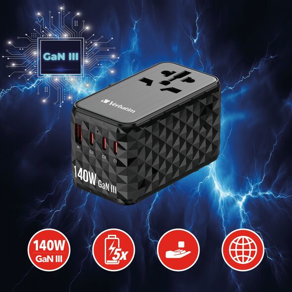 Adapter USB Verbatim Verbatim Adapter podróżny EU/UK/US GaN USB-A/3xUSB-C PD 140W UTA-10 czarny/black 32125