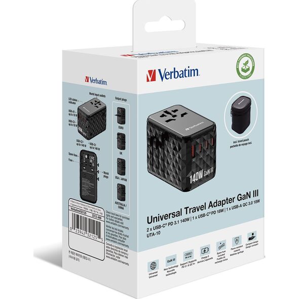 Adapter USB Verbatim Verbatim Adapter podróżny EU/UK/US GaN USB-A/3xUSB-C PD 140W UTA-10 czarny/black 32125