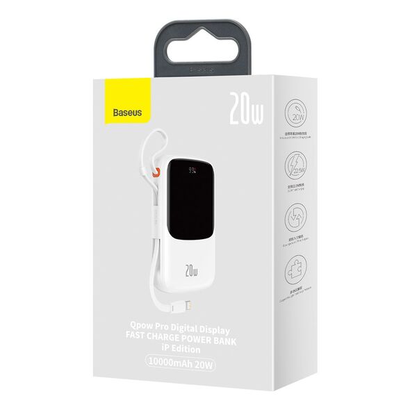 Baseus Qpow Digital Display Power Bank with Fast Charging 10000mAh 20W QC/PD/SCP/FCP with Built-in Lightning Cable White