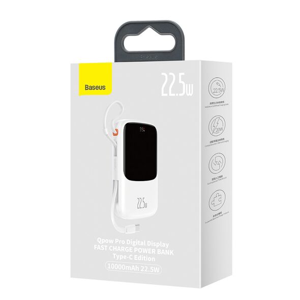 Baseus Qpow Digital Display powerbank with fast charging 10000mAh 22.5W QC/PD/SCP/FCP with built-in USB-C cable white