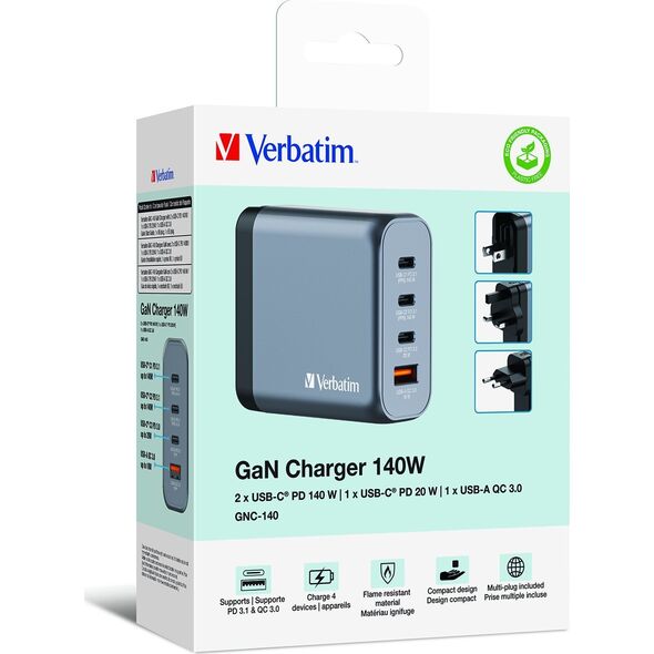 Ładowarka Verbatim Ładowarka sieciowa Verbatim GaN GNC-140 3xUSB-C PD (2x140W+20W) 1xUSB-A QC 3.0