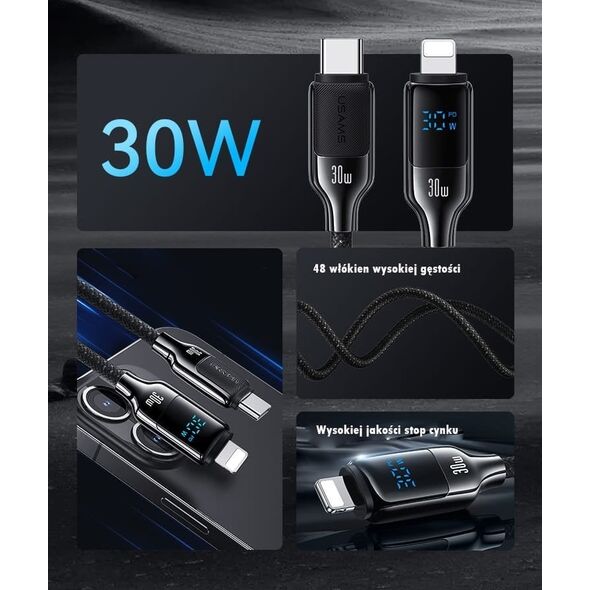 Usams USAMS Kabel USB-C na Lightning 30W 1,2m   Digital Display Zinc Alloy Fast Charging Data Cable HX Series SJ741USB01 (US-SJ741)
