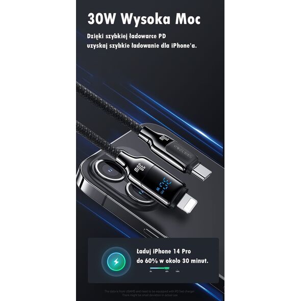 Usams USAMS Kabel USB-C na Lightning 30W 1,2m   Digital Display Zinc Alloy Fast Charging Data Cable HX Series SJ741USB01 (US-SJ741)