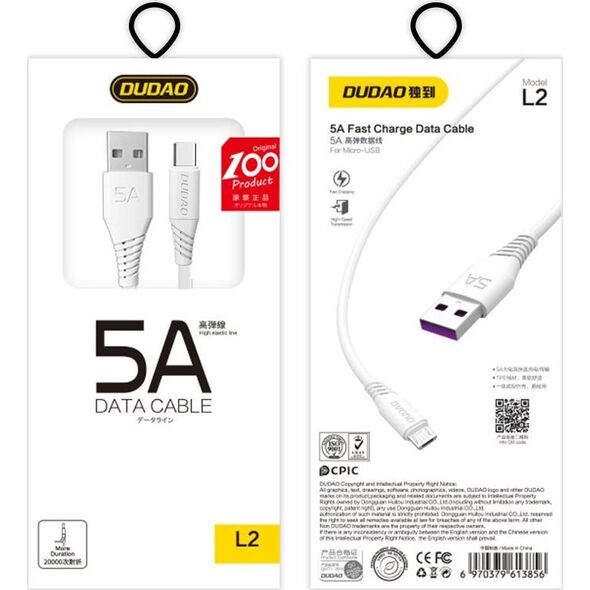 Kabel USB Dudao USB-A - USB-C 2 m Biały (6970379614785)