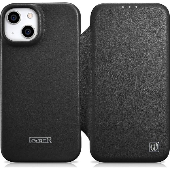 iCarer iCarer CE Premium Leather Folio Case skórzane etui iPhone 14 Plus z klapką magnetyczne MagSafe czarny (WMI14220715-BK)