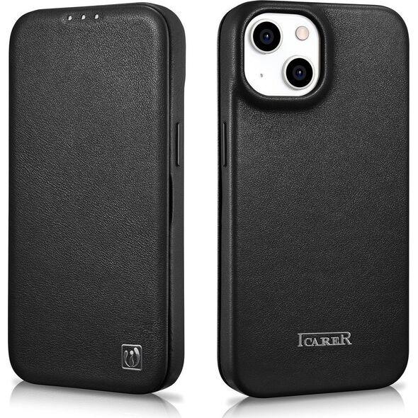 iCarer iCarer CE Premium Leather Folio Case skórzane etui iPhone 14 Plus z klapką magnetyczne MagSafe czarny (WMI14220715-BK)