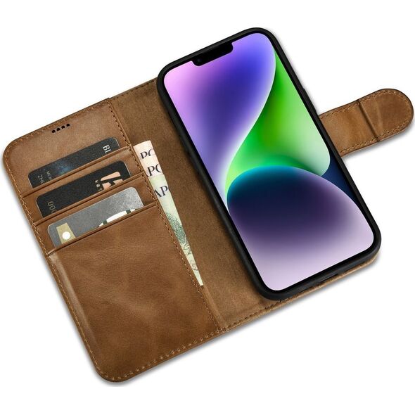 iCarer iCarer Oil Wax Wallet Case 2in1 etui iPhone 14 Plus skórzany pokrowiec z klapką Anti-RFID brązowy (WMI14220723-TN)