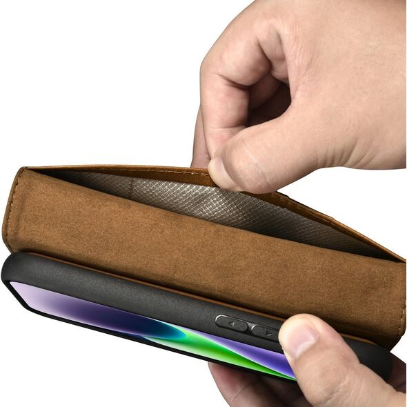 iCarer iCarer Oil Wax Wallet Case 2in1 etui iPhone 14 Plus skórzany pokrowiec z klapką Anti-RFID brązowy (WMI14220723-TN)