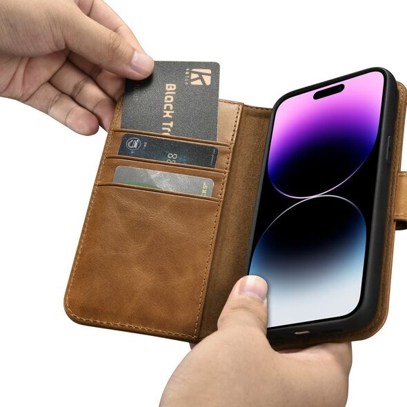 iCarer iCarer Oil Wax Wallet Case 2in1 etui iPhone 14 Pro Max skórzany pokrowiec z klapką Anti-RFID brązowy (WMI14220724-TN)
