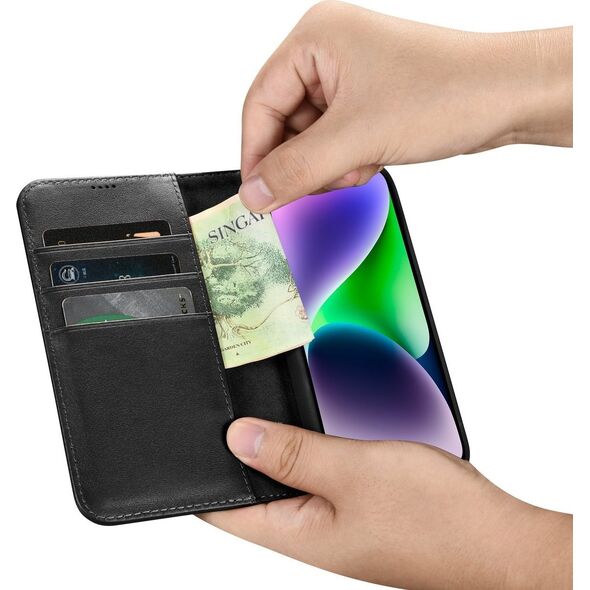 iCarer iCarer Wallet Case 2in1 etui iPhone 14 Plus skórzany pokrowiec z klapką Anti-RFID czarny (WMI14220727-BK)