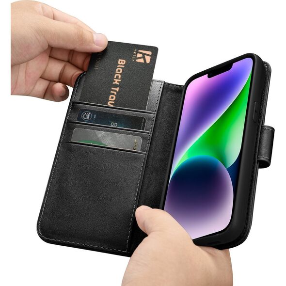 iCarer iCarer Wallet Case 2in1 etui iPhone 14 Plus skórzany pokrowiec z klapką Anti-RFID czarny (WMI14220727-BK)