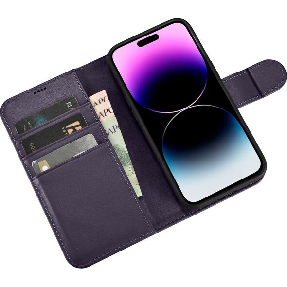 iCarer iCarer Wallet Case 2in1 etui iPhone 14 Pro skórzany pokrowiec z klapką Anti-RFID ciemnofioletowy (WMI14220726-DP)