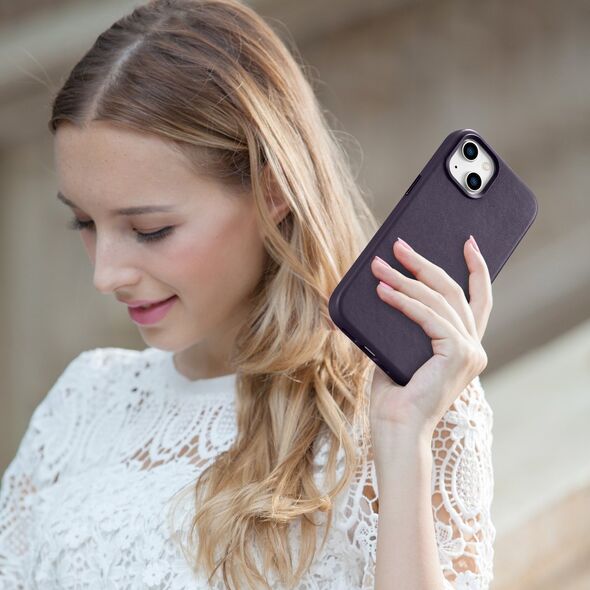 iCarer iCarer Case Leather pokrowiec etui z naturalnej skóry do iPhone 14 Plus ciemnofioletowy (kompatybilne z MagSafe)