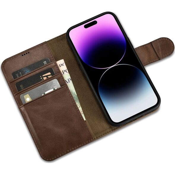 iCarer iCarer Oil Wax Wallet Case 2in1 etui iPhone 14 Pro Max skórzany pokrowiec z klapką Anti-RFID brązowy (WMI14220724-BN)