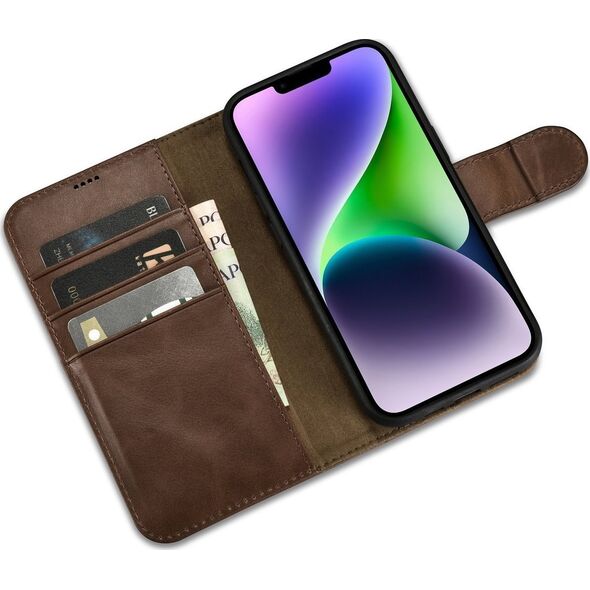 iCarer iCarer Oil Wax Wallet Case 2in1 etui iPhone 14 Plus skórzany pokrowiec z klapką Anti-RFID brązowy (WMI14220723-BN)