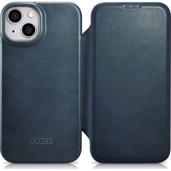 iCarer iCarer CE Oil Wax Premium Leather Folio Case skórzane etui iPhone 14 Plus z klapką magnetyczne MagSafe niebieski (AKI14220707-BU)