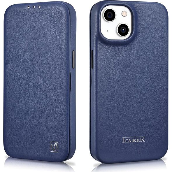 iCarer iCarer CE Premium Leather Folio Case skórzane etui iPhone 14 Plus z klapką magnetyczne MagSafe niebieski (WMI14220715-BU)