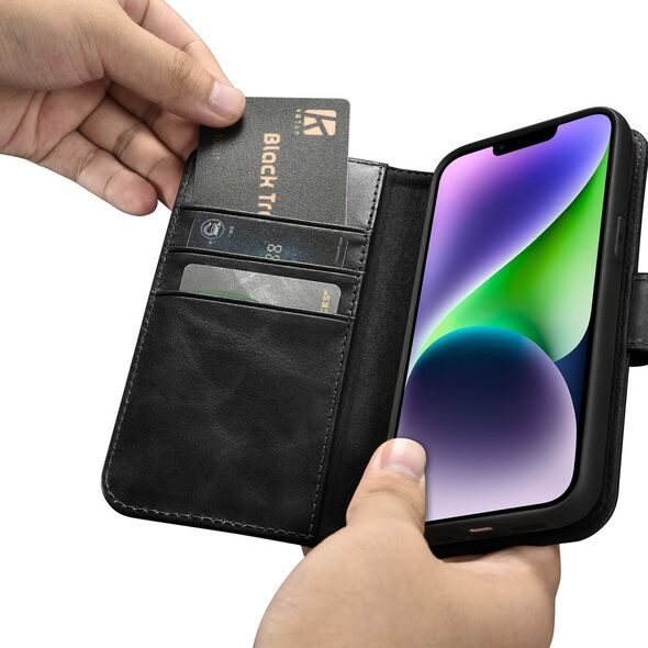 iCarer iCarer Oil Wax Wallet Case 2in1 etui iPhone 14 skórzany pokrowiec z klapką Anti-RFID czarny (WMI14220721-BK)