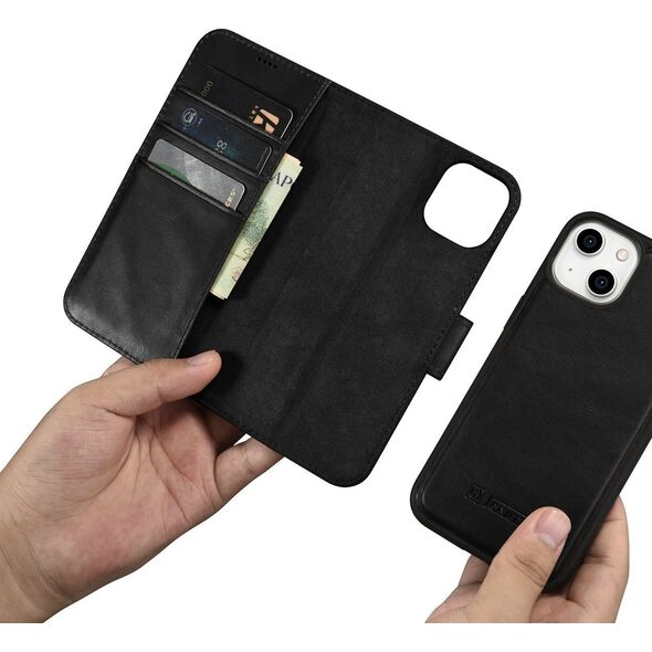iCarer iCarer Oil Wax Wallet Case 2in1 etui iPhone 14 skórzany pokrowiec z klapką Anti-RFID czarny (WMI14220721-BK)