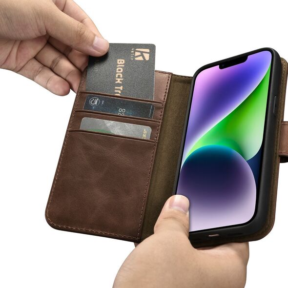 iCarer iCarer Oil Wax Wallet Case 2in1 etui iPhone 14 skórzany pokrowiec z klapką Anti-RFID brązowy (WMI14220721-BN)