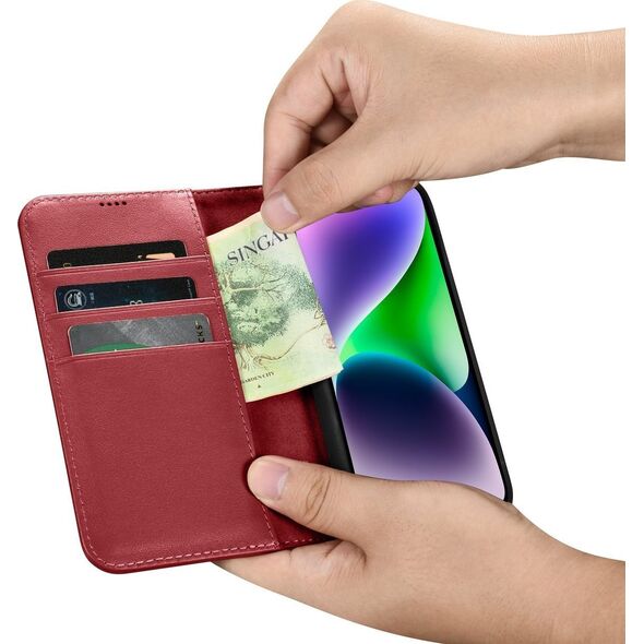 iCarer iCarer Wallet Case 2in1 etui iPhone 14 Plus skórzany pokrowiec z klapką Anti-RFID czerwony (WMI14220727-RD)