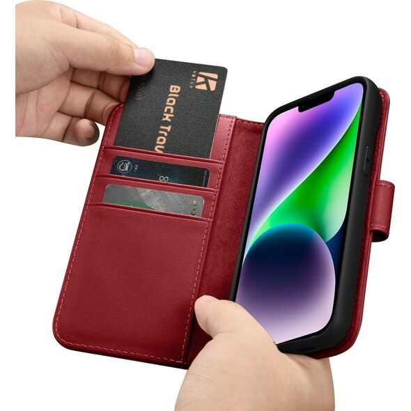 iCarer iCarer Wallet Case 2in1 etui iPhone 14 Plus skórzany pokrowiec z klapką Anti-RFID czerwony (WMI14220727-RD)