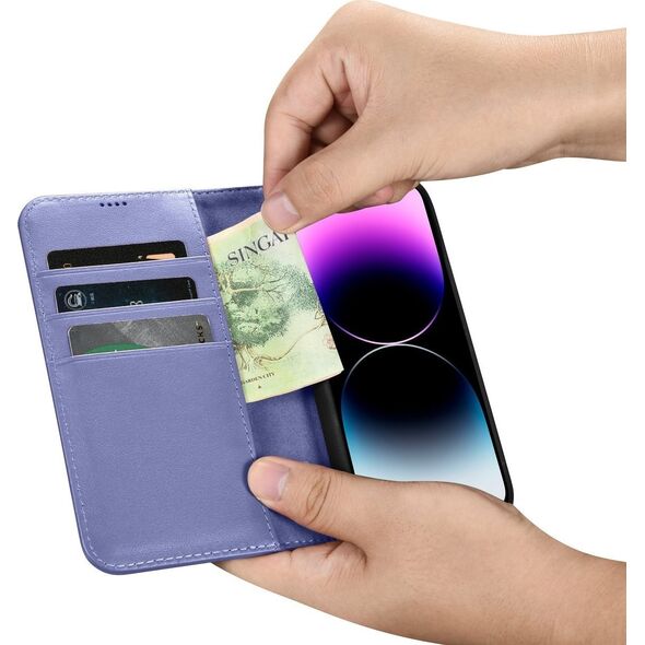 iCarer iCarer Wallet Case 2in1 etui iPhone 14 Pro Max skórzany pokrowiec z klapką Anti-RFID jasnofioletowy (WMI14220728-LP)
